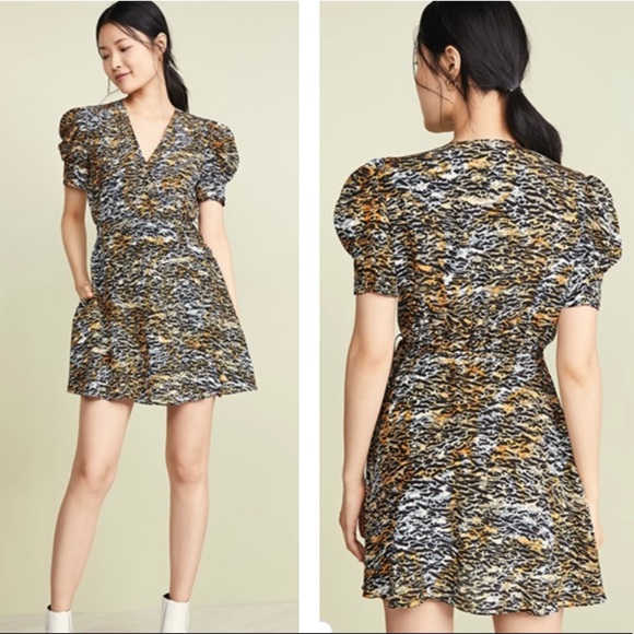 Saloni Lea Wrap Mini Dress Ink Tiger Silk Crepe - Picture 1 of 7